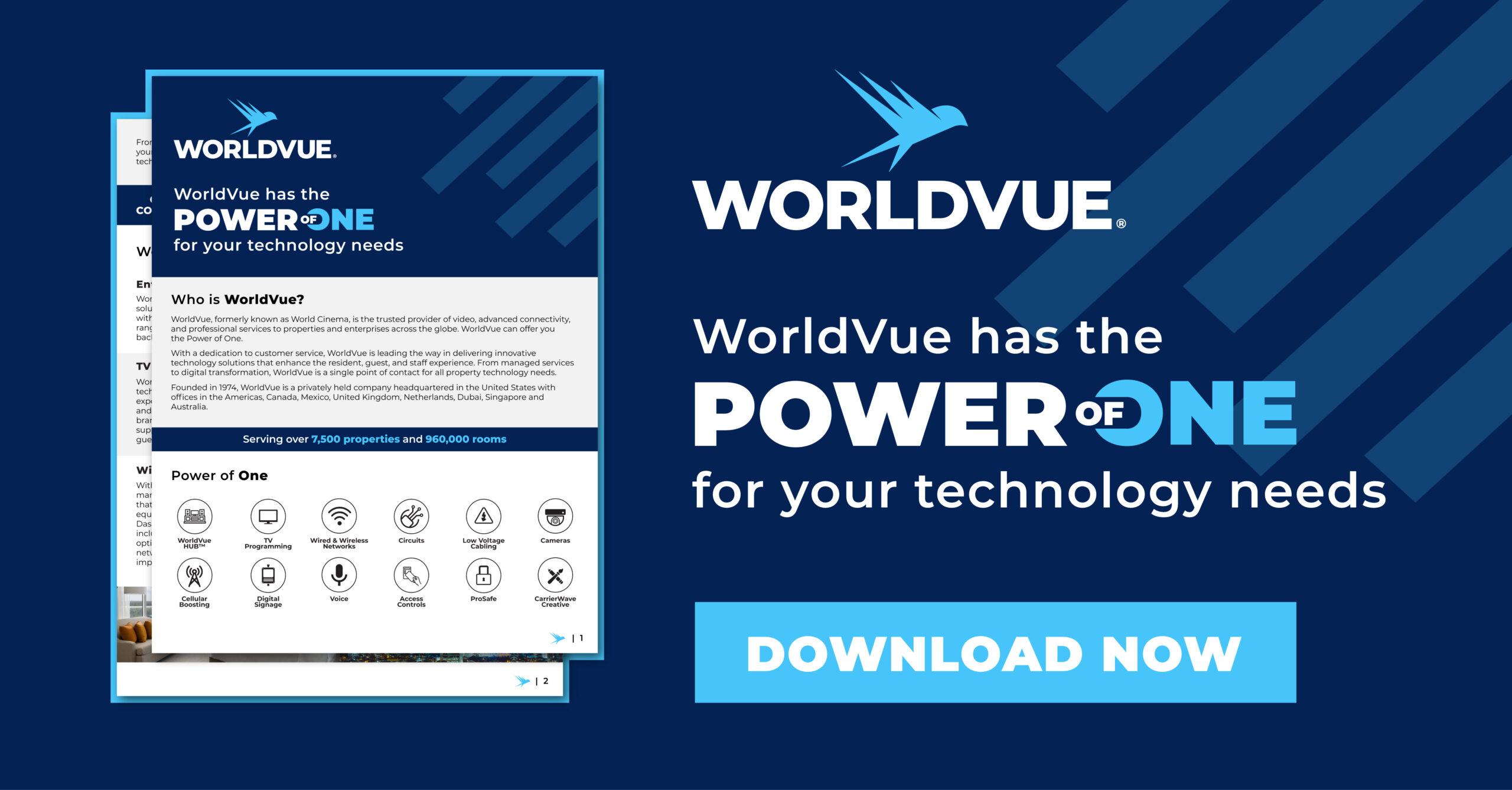 graphic offering download of white paper, with WorldVue logo and text saying "WorldVue has the Power of One for your technology needs"