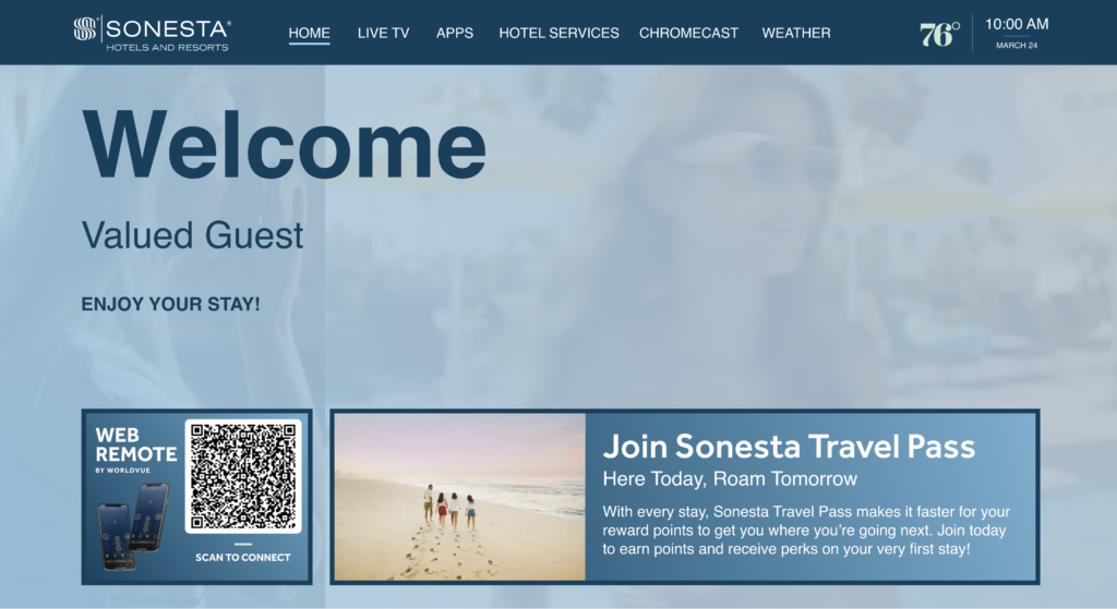 WorldVue HUB portal example of Sonesta welcome screen