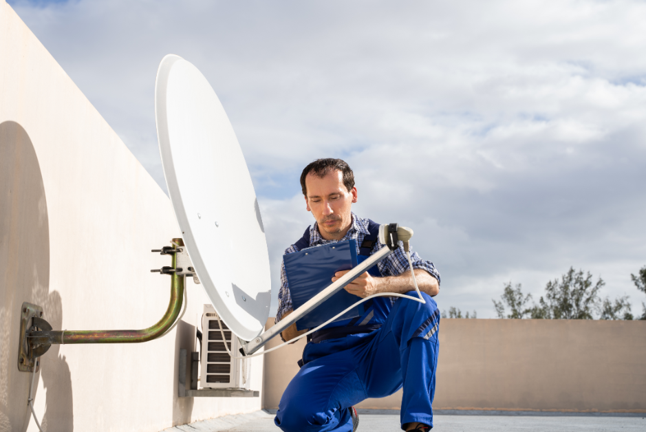 installer adjusting satellite TV equipment on the roof of a building