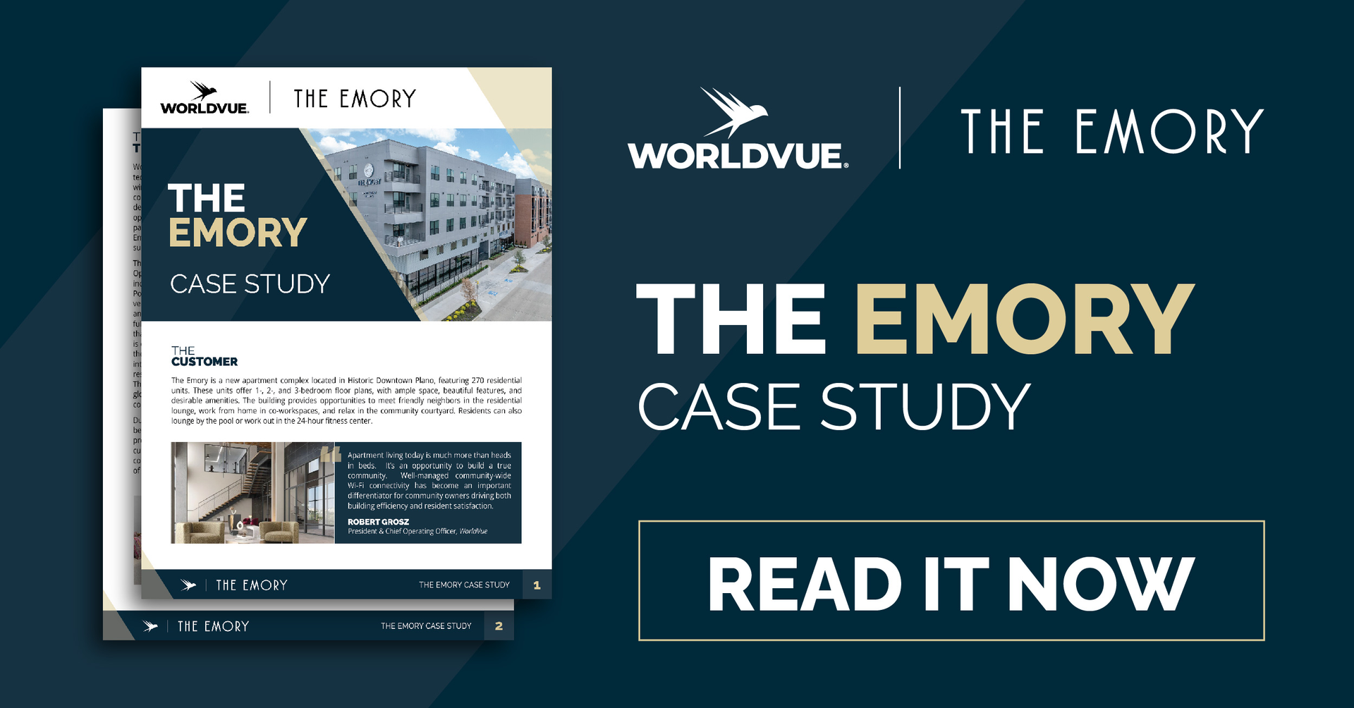 graphic with preview of The Emory case study, with WorldVue and The Emory logos and an invitation to Read It Now