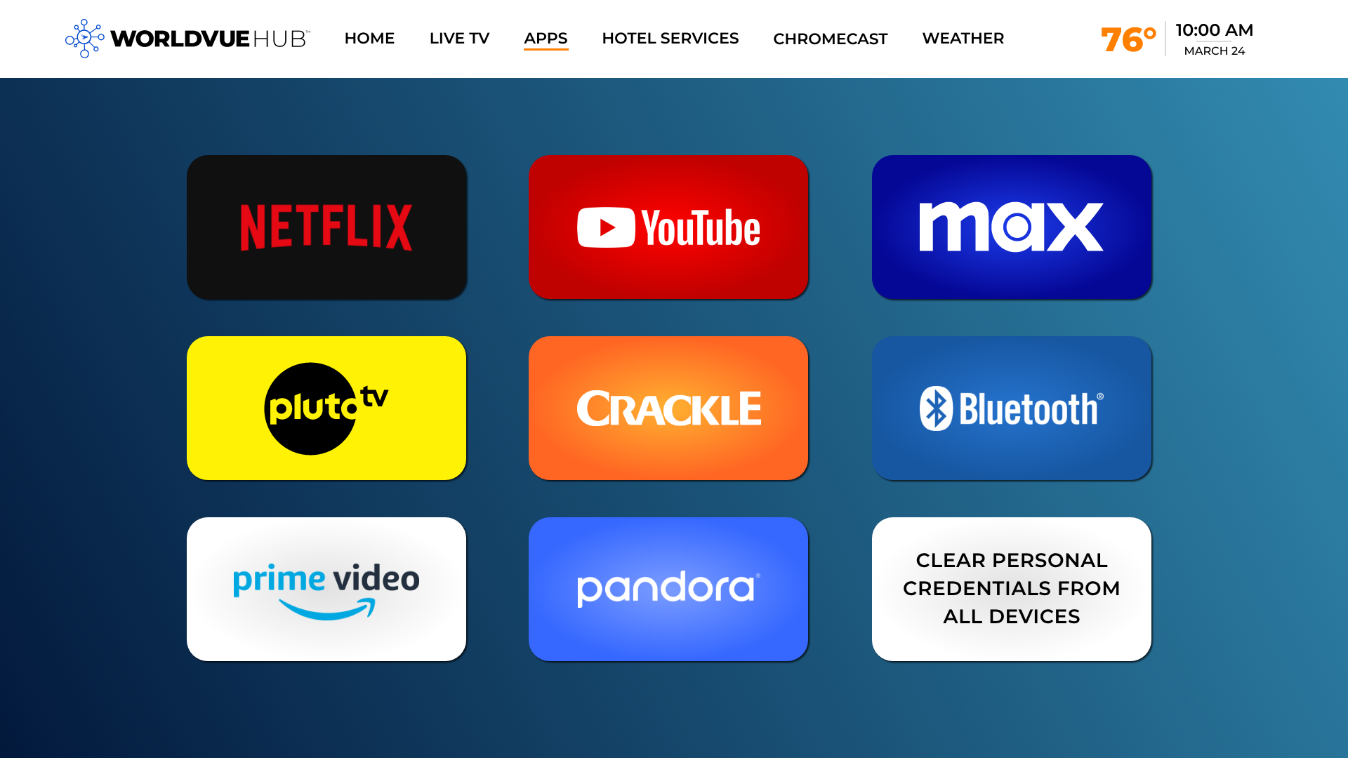 WorldVue HUB screen showing logos for some available streaming services such as Netflix and YouTube