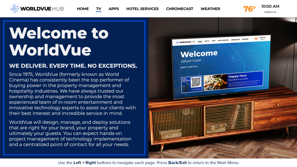 "Welcome to WorldVue" statement next to photo of TV on stand showing example of WorldVue HUB Welcome page