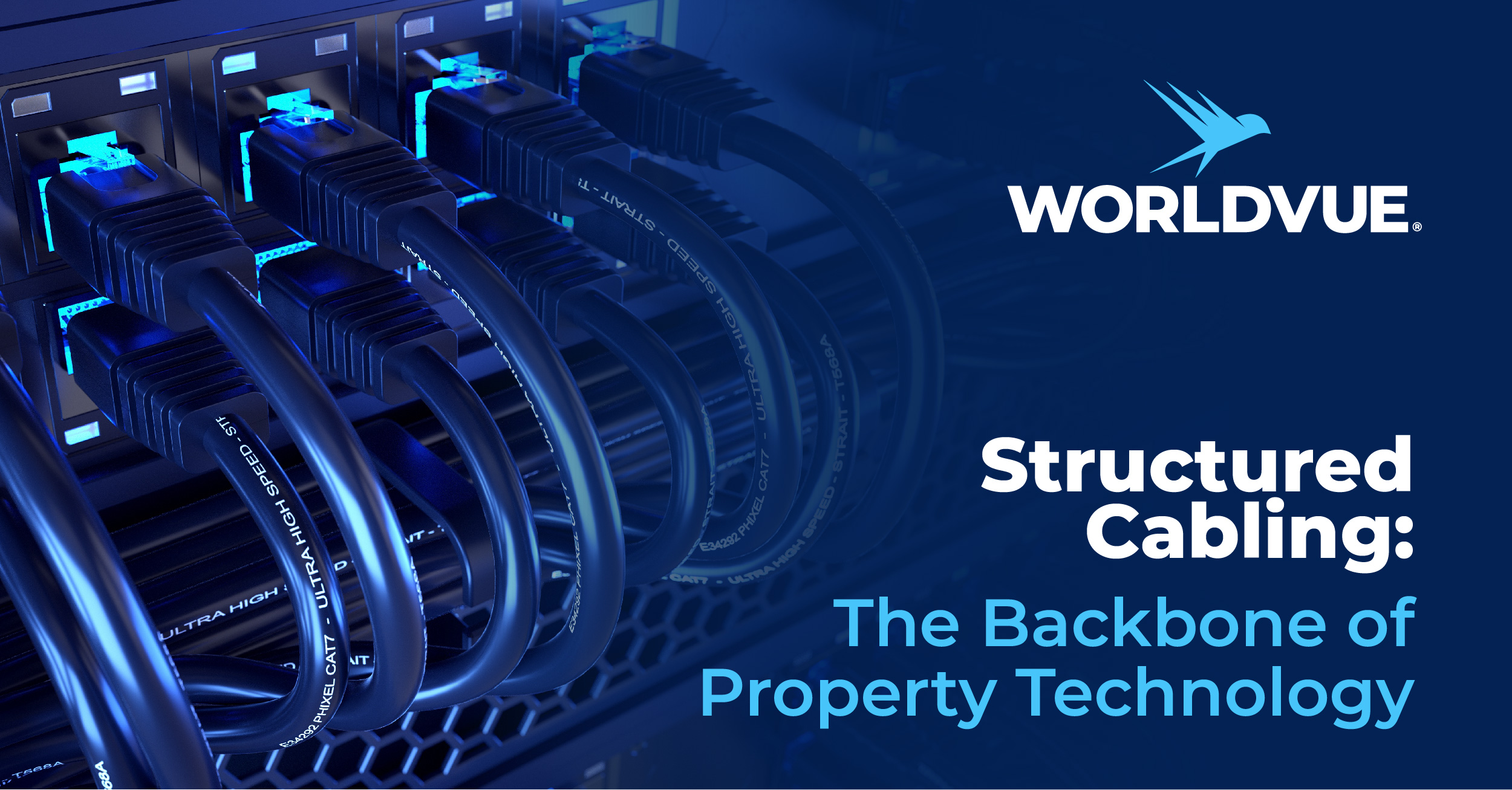 WorldVue logo and text "Structured Cabling: The Backbone of Property Technology" over photo of structured cabling in background