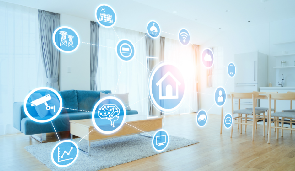 an apartment overlaid with icons suggesting AI-driven smart solutions for security, entertainment, energy, communications, and more