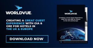 image of white paper cover, with WorldVue logo, "Download Now" offer, and text saying "Creating a Great Guest Experience with GIA & GRE for Hotels in the UK and Europe"