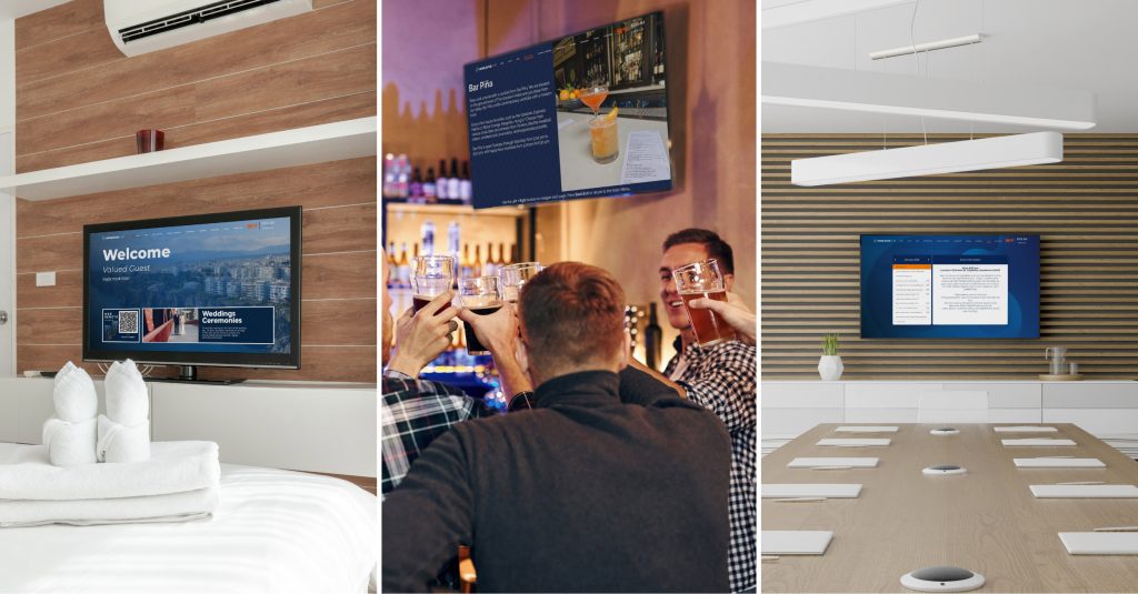 another example of sustainable technology, using the WorldVue HUB as digital signage in a hotel setting- guest room, restaurant or bar, and conference room