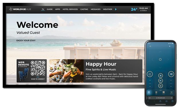 example of Welcome screen in WorldVue HUB, along with a picture of the mobile remote on a cellular phone