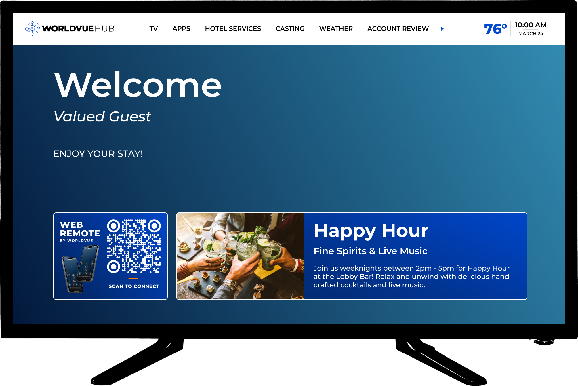 HUB Home portal with QR code for web remote and message promoting on-site event